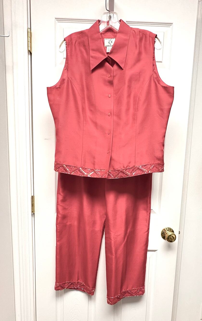 Vintage Silk Pantsuit Vermillion Beaded Hem 2 Piece Lined XL 12 Formal 90s